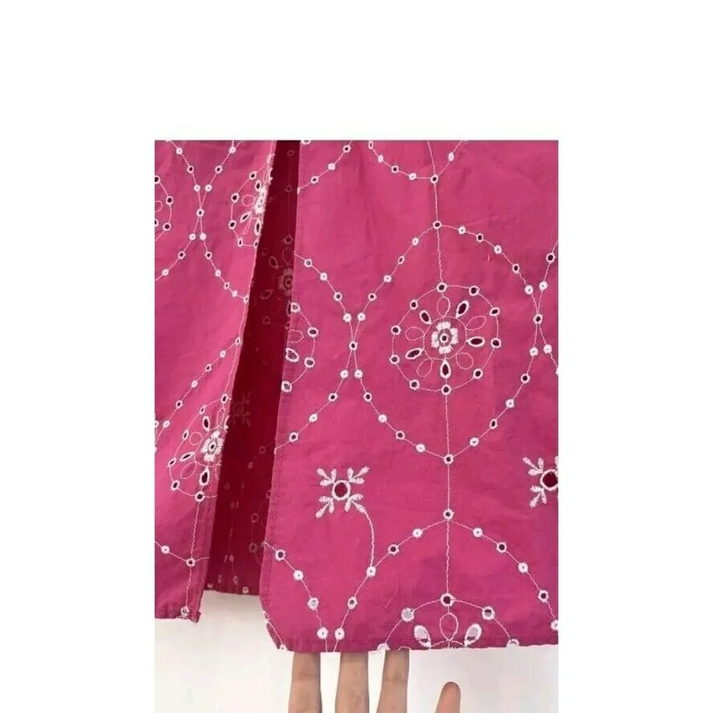 ZARA NEW EMBROIDERED EYELET COTTON SKIRT HIGH WIAST FUCHSIA PINK XS,  0881/012